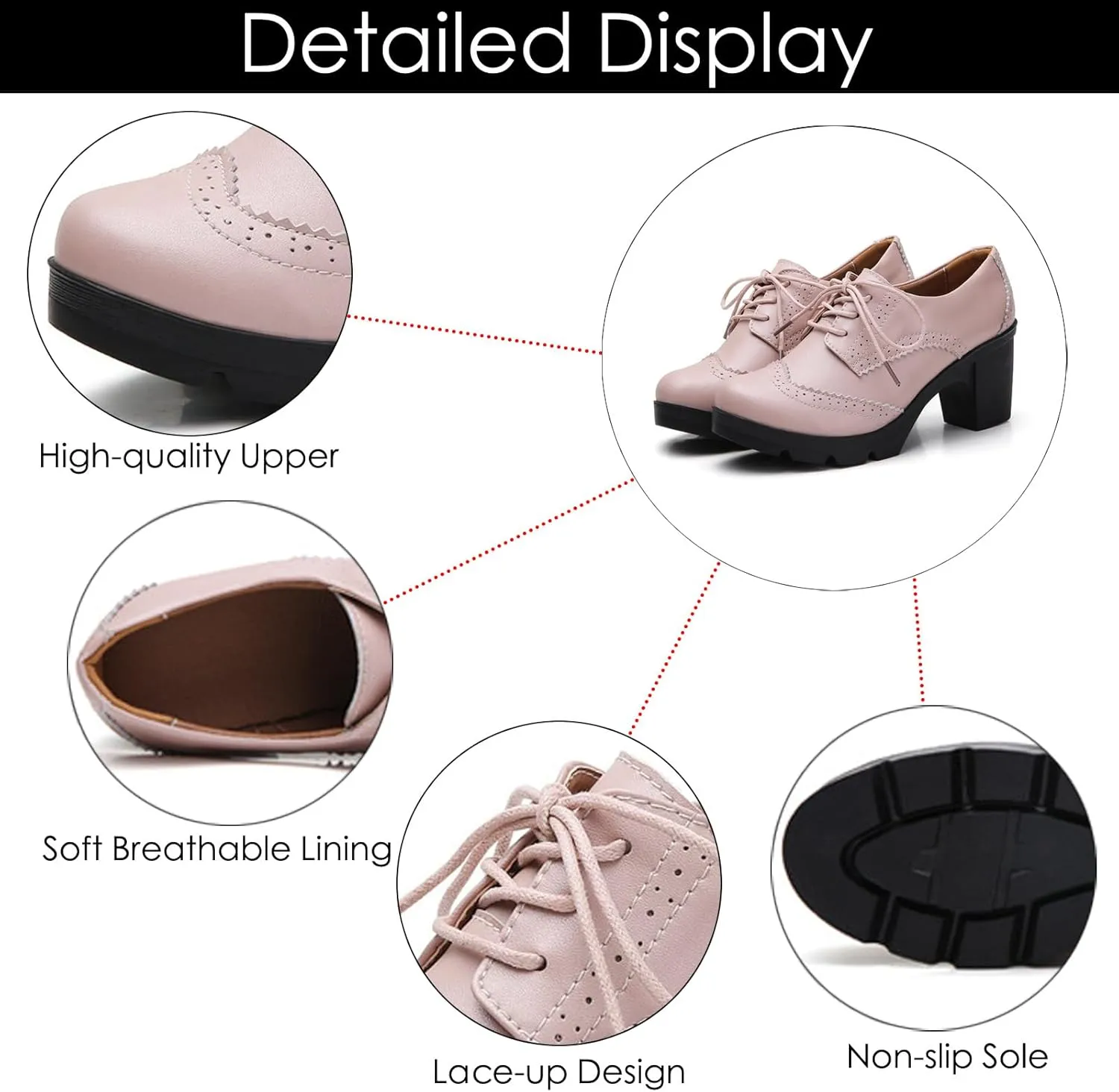 Women's Genuine Leather Comfort Chunky Heel Brogue Oxfords Retro Breathable Round Toe Lace-Up Lug Sole Block Heel Pumps for Casual Work Office Dress Shoes