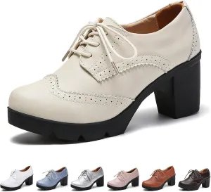 Women's Genuine Leather Comfort Chunky Heel Brogue Oxfords Retro Breathable Round Toe Lace-Up Lug Sole Block Heel Pumps for Casual Work Office Dress Shoes