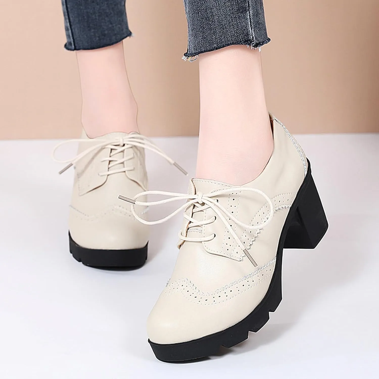 Women's Genuine Leather Comfort Chunky Heel Brogue Oxfords Retro Breathable Round Toe Lace-Up Lug Sole Block Heel Pumps for Casual Work Office Dress Shoes