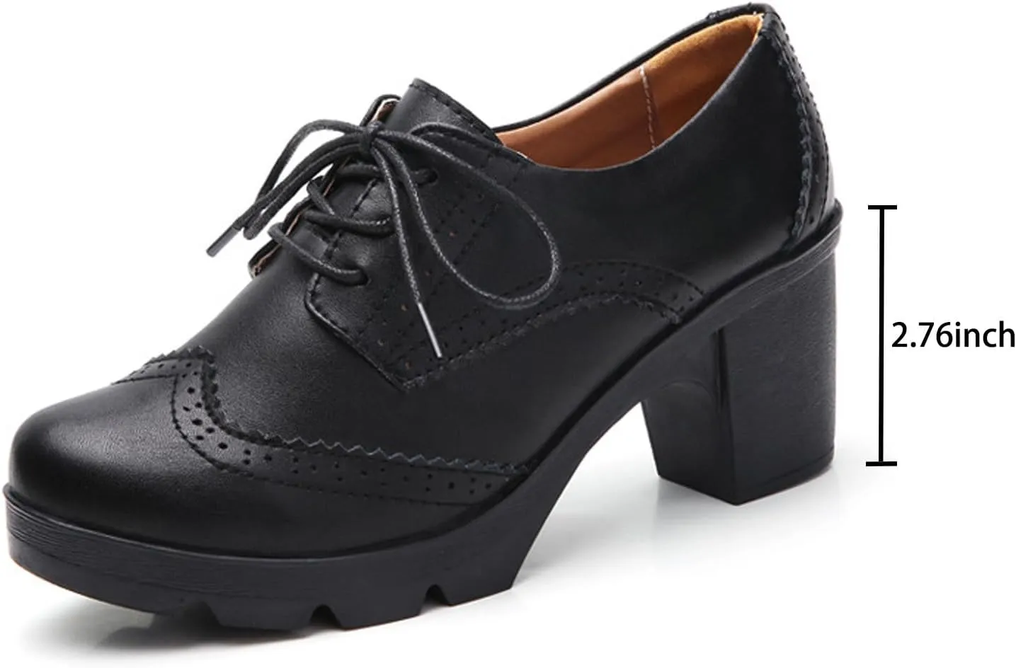 Women's Genuine Leather Comfort Chunky Heel Brogue Oxfords Retro Breathable Round Toe Lace-Up Lug Sole Block Heel Pumps for Casual Work Office Dress Shoes