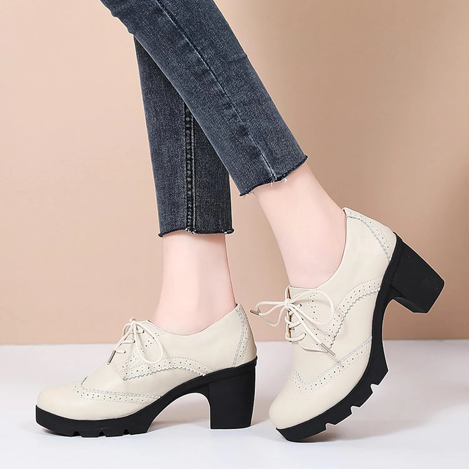 Women's Genuine Leather Comfort Chunky Heel Brogue Oxfords Retro Breathable Round Toe Lace-Up Lug Sole Block Heel Pumps for Casual Work Office Dress Shoes