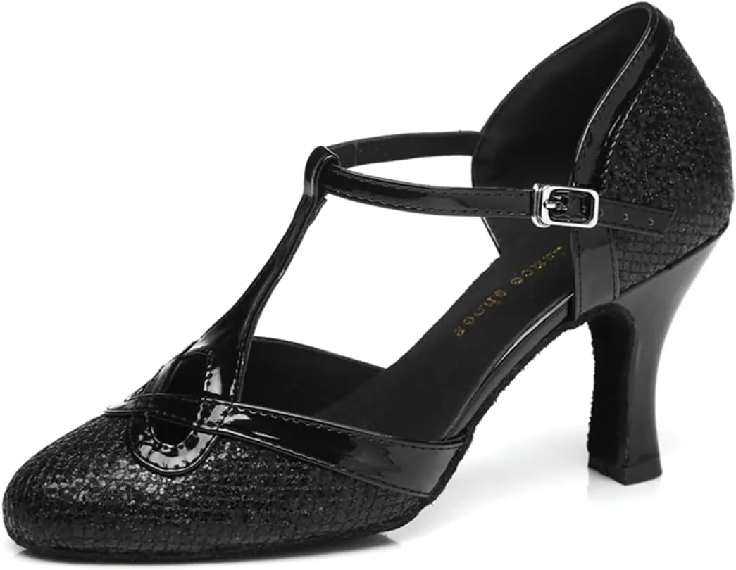 Women's Stylish Closed-Toe Synthetic Glitter Material Ballroom Tango Party Wedding Practice Dance Shoes L341 Black US 10