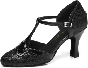 Women's Stylish Closed-Toe Synthetic Glitter Material Ballroom Tango Party Wedding Practice Dance Shoes L341 Black US 10