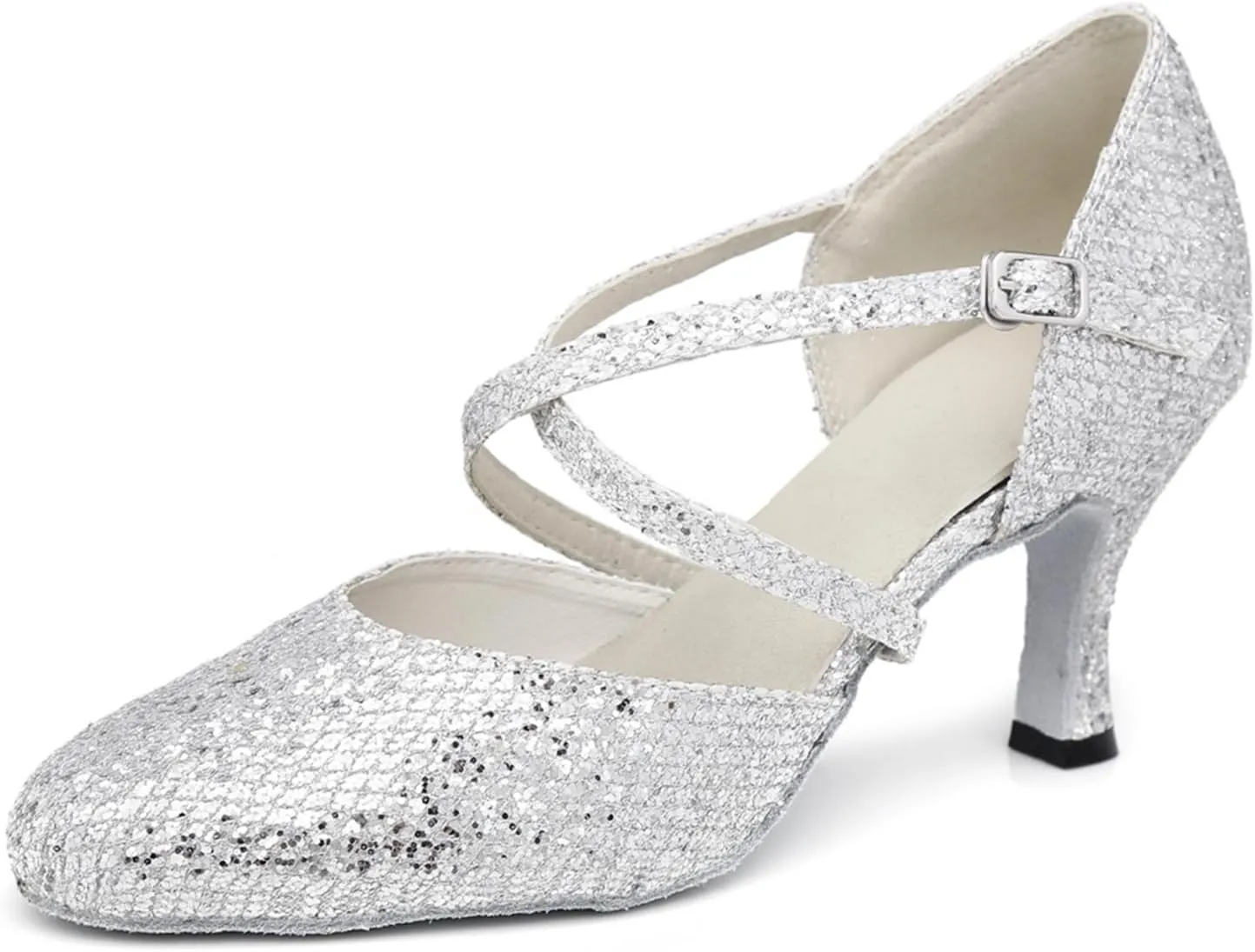 Women's Stylish Closed-Toe Synthetic Glitter Material Ballroom Tango Party Wedding Practice Professional Dance Shoes L342 Silver US 6.5