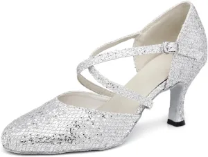 Women's Stylish Closed-Toe Synthetic Glitter Material Ballroom Tango Party Wedding Practice Professional Dance Shoes L342 Silver US 9