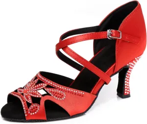 Women's Stylish Glitter Rhinestones Peep Toe Satin Ballroom Tango Party Wedding Professional Dance Shoes Red US 8