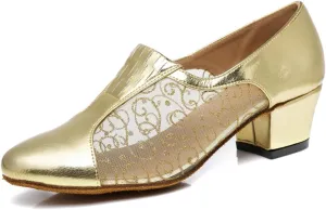 Women's Stylish Round Toe Synthetic Ballroom Morden Tango Party Wedding Professional Dance Shoes Gold US 5