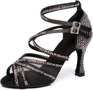 Women's Stylish Sparkle Rhinestones Peep Toe Satin Ballroom Jazz Party Wedding Practice Dance Shoes Black US 5