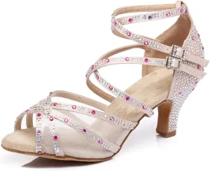 Women's Stylish Sparkle Rhinestones Peep Toe Satin Ballroom Jazz Party Wedding Practice Dance Shoes Nude US 9.5