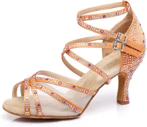 Women's Stylish Sparkle Rhinestones Peep Toe Satin Ballroom Jazz Party Wedding Practice Dance Shoes Orange Yellow US 4