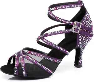 Women's Stylish Sparkle Rhinestones Peep Toe Satin Ballroom Jazz Party Wedding Practice Dance Shoes Purple US 6.5