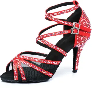 Women's Stylish Sparkle Rhinestones Peep Toe Satin Ballroom Jazz Party Wedding Practice Dance Shoes Red US 8