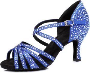 Women's Stylish Sparkle Rhinestones Peep Toe Satin Ballroom Jazz Party Wedding Practice Professional Dance Shoes Blue US 6