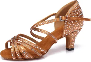 Women's Stylish Sparkle Rhinestones Peep Toe Satin Ballroom Jazz Party Wedding Practice Professional Dance Shoes Bronze US 10