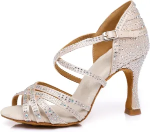 Women's Stylish Sparkle Rhinestones Peep Toe Satin Ballroom Jazz Party Wedding Practice Professional Dance Shoes Nude US 5.5