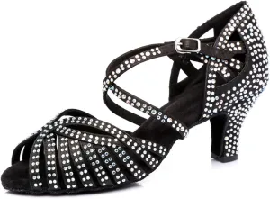 Women's Stylish Sparkle Rhinestones Peep Toe Satin Ballroom Jazz Tango Modern Party Wedding Professional Dance Shoes Black US 6.5