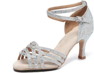 Women's Stylish Sparkle Rhinestones Peep Toe Satin Ballroom Latin Party Wedding Professional Dance Shoes Silver US 4.5