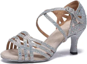 Women's Stylish Sparkle Rhinestones Peep Toe Satin Ballroom Modern Party Wedding Practice Dance Shoes Silver US 8