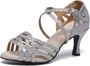 Women's Stylish Sparkle Rhinestones Peep Toe Satin Ballroom Modern Party Wedding Professional Dance Shoes Silver US 6.5
