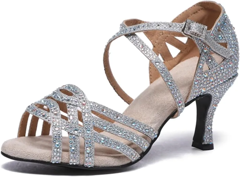 Women's Stylish Sparkle Rhinestones Peep Toe Satin Ballroom Modern Party Wedding Professional Dance Shoes Silver US 6.5