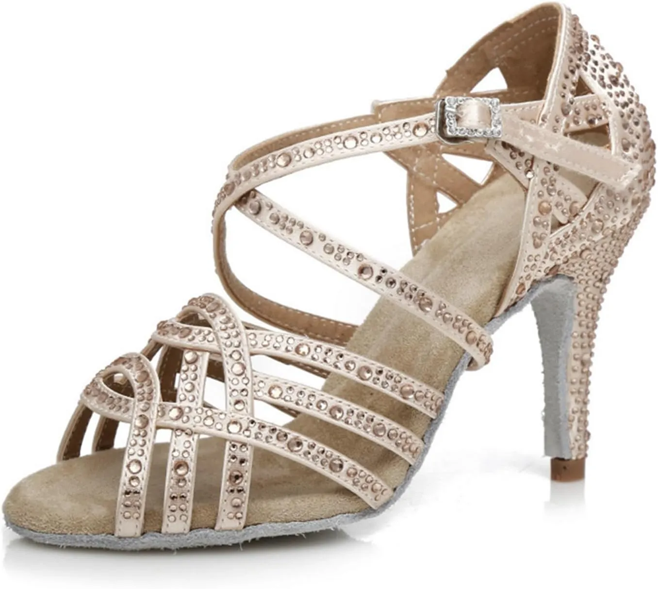 Women's Stylish Sparkle Rhinestones Peep Toe Satin Ballroom Modern Tango Party Wedding Practice Dance Shoes Nude US 7