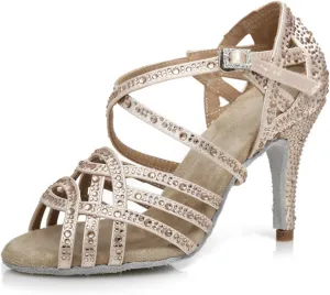 Women's Stylish Sparkle Rhinestones Peep Toe Satin Ballroom Modern Tango Party Wedding Practice Dance Shoes Nude US 7