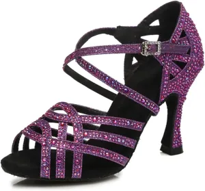 Women's Stylish Sparkle Rhinestones Peep Toe Satin Ballroom Modern Tango Party Wedding Practice Dance Shoes Purple US 5.5