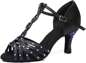 Women's Stylish Sparkle Rhinestones Peep Toe Satin Ballroom Modern Tango Party Wedding Practice Performence Dance Shoes Black US 9.5