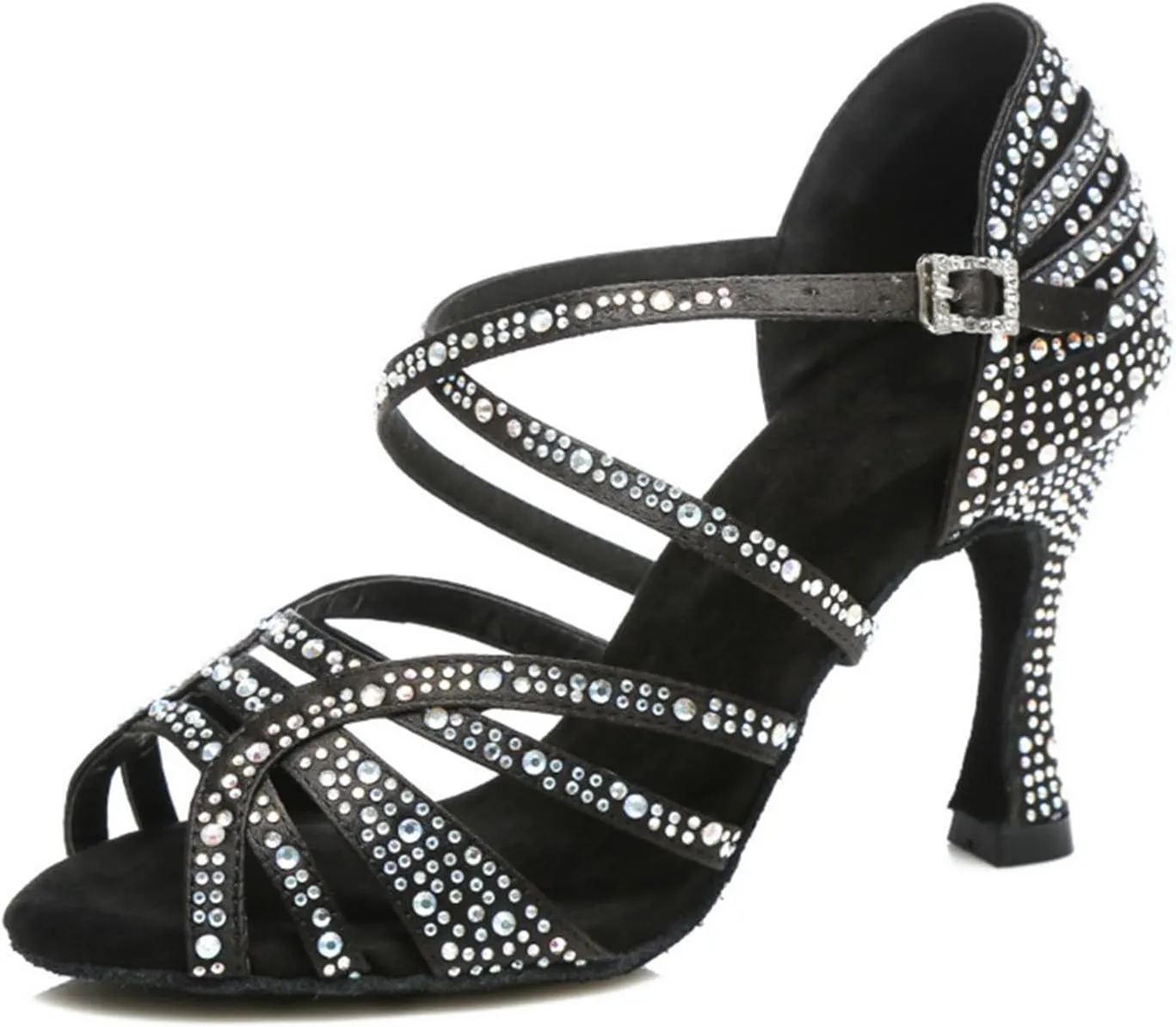 Women's Stylish Sparkle Rhinestones Peep Toe Satin Ballroom Modern Tango Party Wedding Professional Dance Shoes Black US 6.5