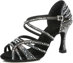 Women's Stylish Sparkle Rhinestones Peep Toe Satin Ballroom Modern Tango Party Wedding Professional Dance Shoes Black US 6.5