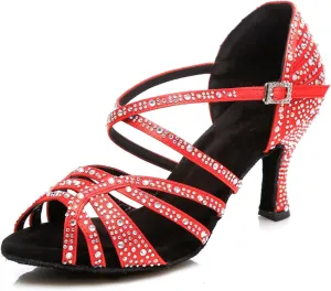 Women's Stylish Sparkle Rhinestones Peep Toe Satin Ballroom Modern Tango Party Wedding Professional Dance Shoes Red US 9