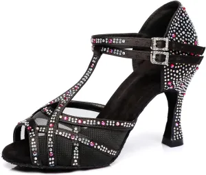 Women's Stylish Sparkle Rhinestones Peep Toe Satin Ballroom Salsa Party Wedding Practice Dance Shoes Black US 7.5