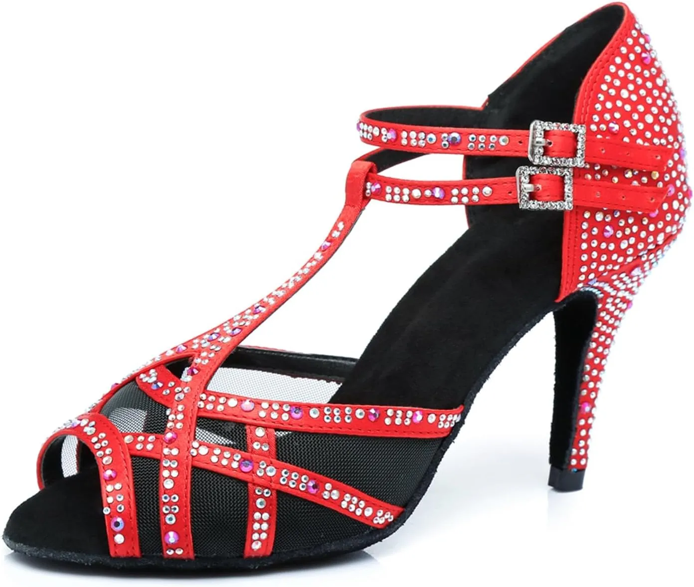 Women's Stylish Sparkle Rhinestones Peep Toe Satin Ballroom Salsa Party Wedding Practice Dance Shoes Red US 7.5