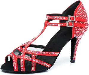 Women's Stylish Sparkle Rhinestones Peep Toe Satin Ballroom Salsa Party Wedding Practice Dance Shoes Red US 7.5