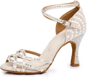 Women's Stylish Sparkle Rhinestones Peep Toe Satin Ballroom Samba Modern Party Wedding Professional Dance Shoes Nude US 7