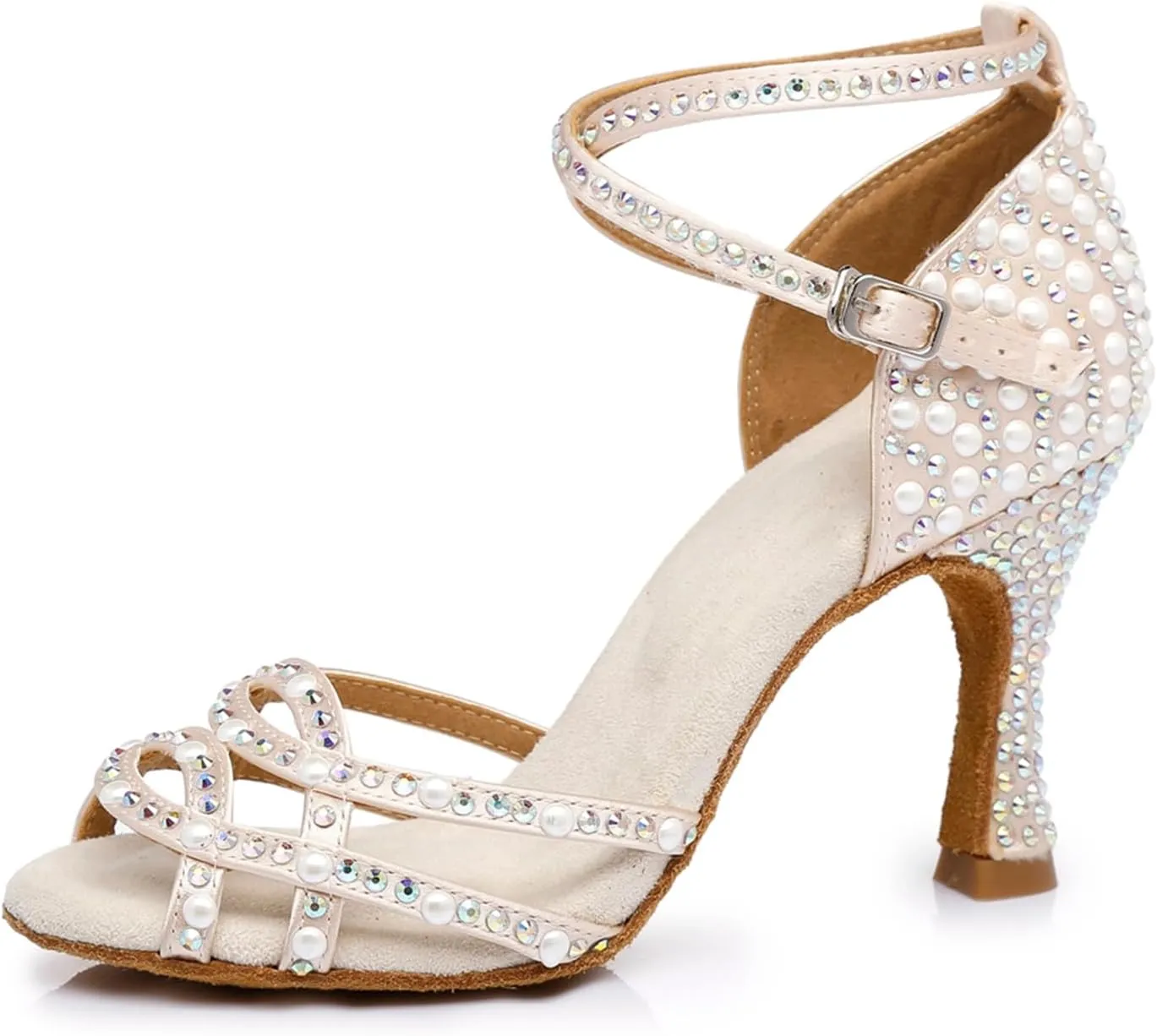Women's Stylish Sparkle Rhinestones Peep Toe Satin Ballroom Samba Modern Party Wedding Professional Dance Shoes Nude US 7