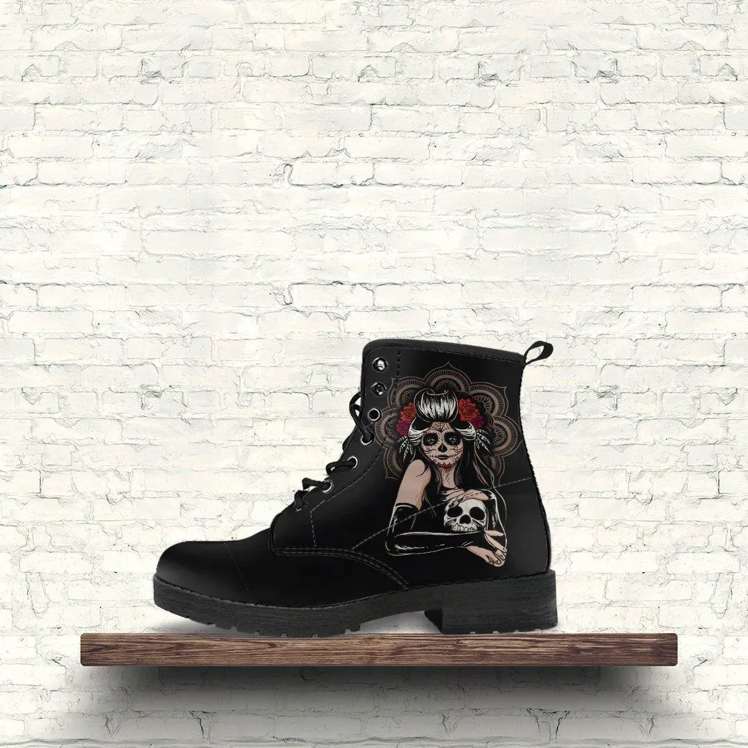 Women's Sugar Skull Girl Round Toe Boots, Calavera Girl Boots, Vegan-Friendly Leather, Black