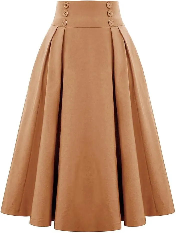 Women's Vintage Casual Long A-Line High Waist Skirt Double Breasted Large Swing Pleated Skirt