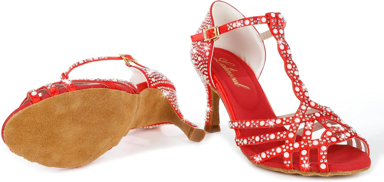 Y205-34 Women's Crystal Embellished Latin Dance High Heel Shoes - Stylish Design Adjustable Ankle Strap Dance Shoes
