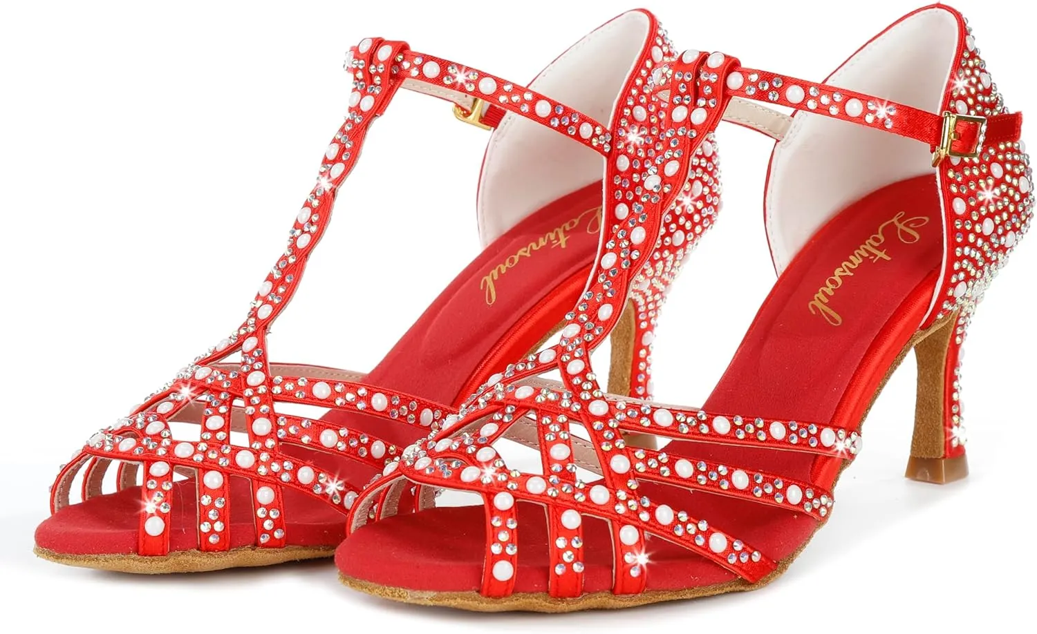 Y205-34 Women's Crystal Embellished Latin Dance High Heel Shoes - Stylish Design Adjustable Ankle Strap Dance Shoes