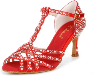 Y205-34 Women's Crystal Embellished Latin Dance High Heel Shoes - Stylish Design Adjustable Ankle Strap Dance Shoes