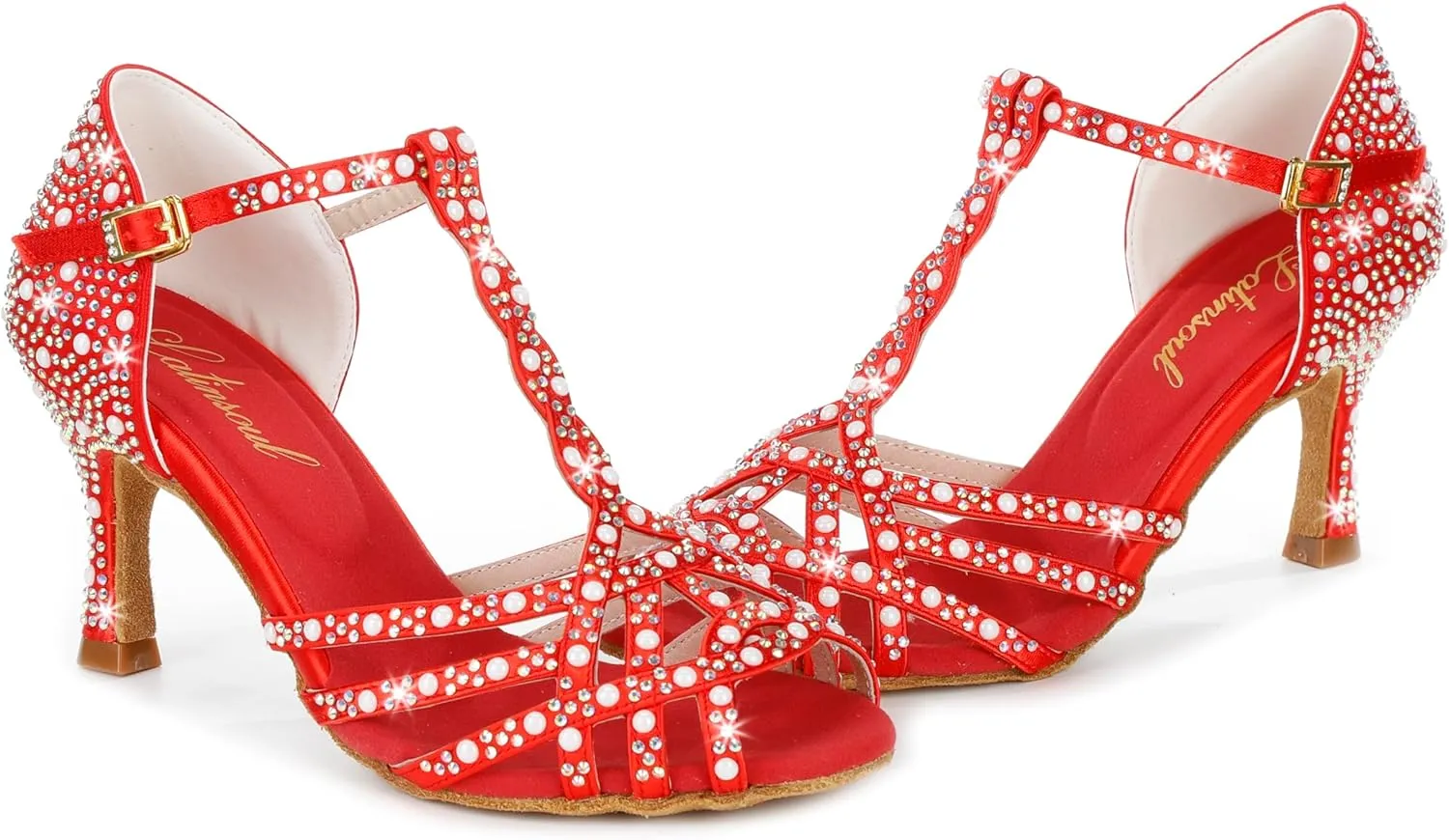 Y205-34 Women's Crystal Embellished Latin Dance High Heel Shoes - Stylish Design Adjustable Ankle Strap Dance Shoes