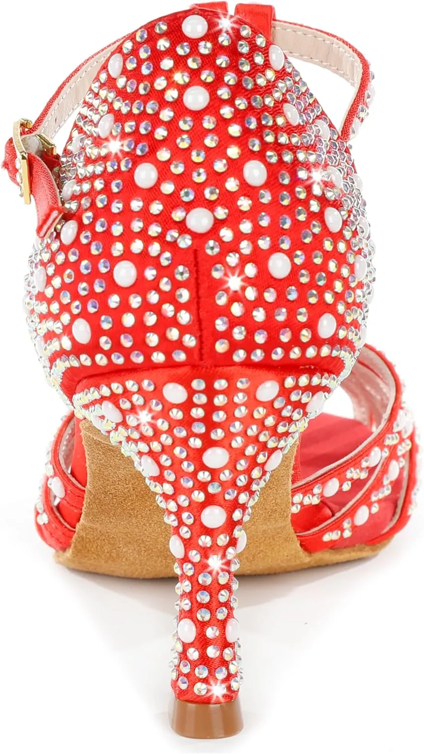 Y205-34 Women's Crystal Embellished Latin Dance High Heel Shoes - Stylish Design Adjustable Ankle Strap Dance Shoes