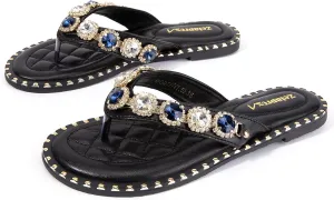 Zelaprox Women's Rhinestone Flip-flop Open Toe Flat Sandals Sparkly Slip on Slide Sandals Glitter Casual Dressy Flat Sandals for Summer