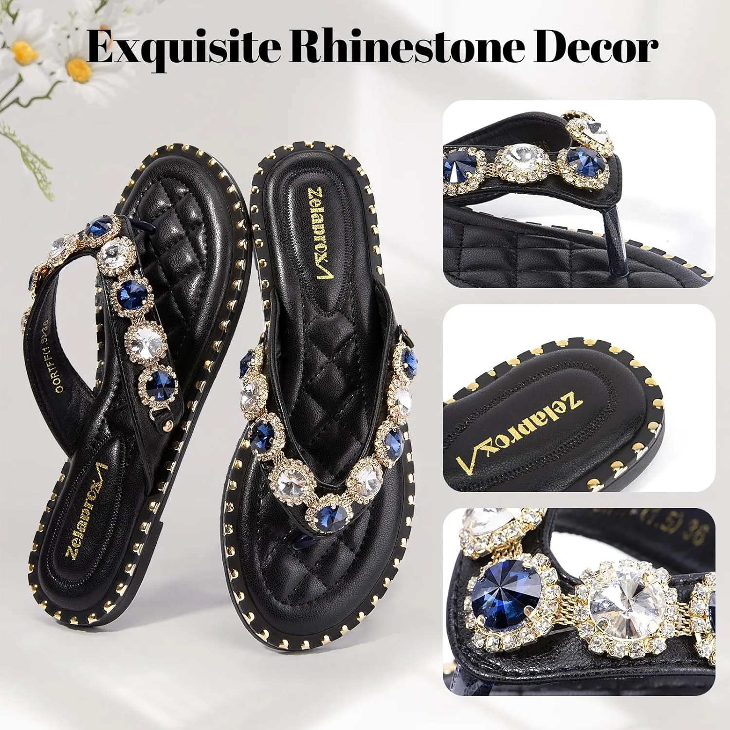 Zelaprox Women's Rhinestone Flip-flop Open Toe Flat Sandals Sparkly Slip on Slide Sandals Glitter Casual Dressy Flat Sandals for Summer