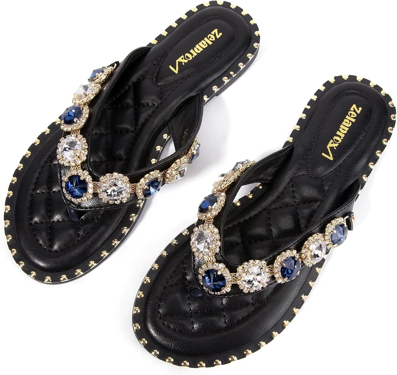 Zelaprox Women's Rhinestone Flip-flop Open Toe Flat Sandals Sparkly Slip on Slide Sandals Glitter Casual Dressy Flat Sandals for Summer